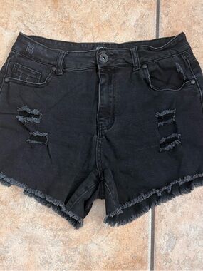 Blue Savvy Destructed Black Denim Shorts Size 15/ 32 Soft Stretch Jean Shorts
